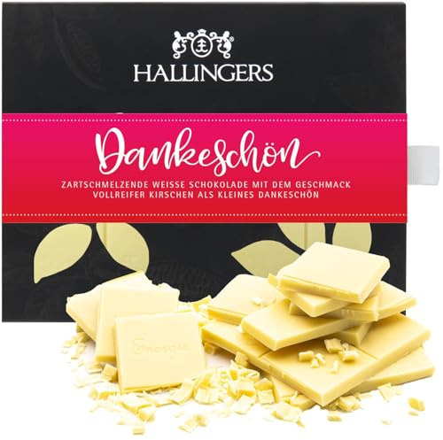 Hallingers Genuss Manufaktur Weiße Schokolade Dankeschön-Geschenk - Tafel aus handgeschöpftem Edelkakao ohne Alkohol edler Karton Dankeschön Kirsche, Geschenkidee für Frauen Männer