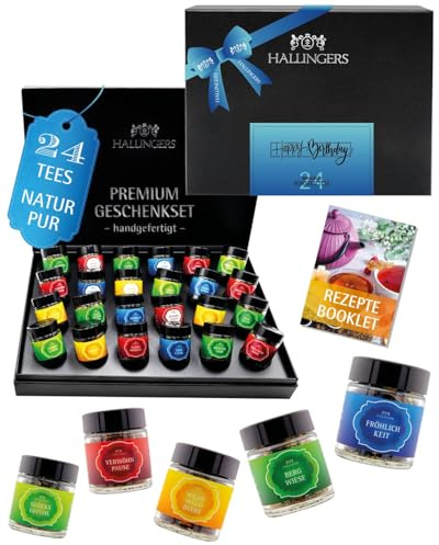 Hallingers Genuss Manufaktur Tee Geburtstagsgeschenk-Set - 24 Sorten premium loser Tee Probierset in edler Geschenkbox mit Rezept-Booklet Happy Birthday, Geschenke für Frauen Männer