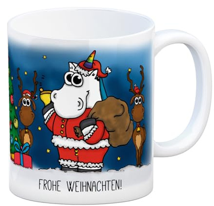 Honeycorns Kaffeebecher mit Einhorn Weihnachtsmann Motiv und Spruch: Frohe Weihnachten Tasse Kaffeetasse Becher mug Teetasse Büro Auch Einhörner feiern Weihnachten wie dieses Motiv eindeutig