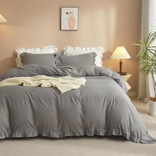 Lanqinglv Rüschen Bettwäsche 135x200 Grau Schwarz Blumen Stickerei Mädchen | Romantisch Bettwäsche für Allergiker,Landhausstil,Microfaser Aesthetic Bettbezug mit Reißverschluss und 1 Kissenbezug 80x80