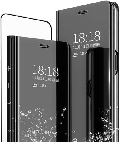 MLOTECH Handyhülle für Huawei P30 Lite Hülle und Gehärtetes Glas schutzfolie Flip Transluzent View Miroir Spiegel Standfunktion Cover -Schwarz