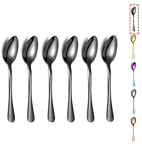 Cuillères à thé noires, Kyraton 6 pièces Cuillère à café, en acier inoxydable avec placage en titane noir, cuillères à crème glacée, cuillère à dessert, argenterie, paquet de 6