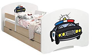 HappyBabies - Doppelseitiges Kinderbett MIT SCHUBLADE Modernes Design mit sicheren Kanten und Absturzsicherung Schaumstoffmatratze 7 cm Leichte Birne (Polizei, 180/90)