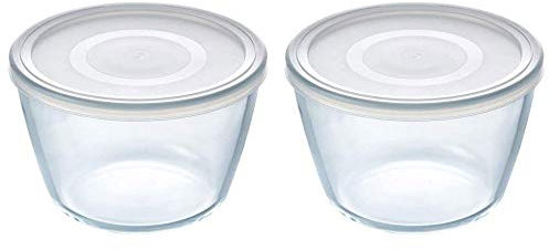 Pyrex Microwave Safe Classic Round Glass Dish with Plastic Lid 0.6 Litre White (Pack of 2)