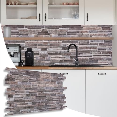 NOVECRAFTO Slim Stone Design 3D Wall Panels - 37.79 x 18.89 in (96x48cm) -6 Sheets Covering 29.76 sqft (2.76 sqm) - Moisture-Resistant PVC Plastic Cladding - Grey Slim Stone Brick Effect Pattern