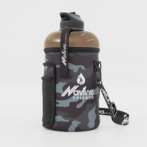 NAVIVVA SPLENDID Large 2L Water Bottle with Insulating Neoprene Cover and Straw Lid - BPA-Free, Dishwasher Safe, Portable, Eco-friendly with Carry Handle – Huge 2.2 Litre Capacity. (Black Camouflage)
