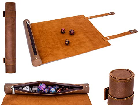 LORE Würfelmatte im Schriftrollenstil für Pen and Paper Würfelspiele wie DND, Cthulhu, DSA - einrollbar mit Würfelfach und Druckknopfverschluss (Veganes Leder, braun, Rollmatte als Würfelunterlage)