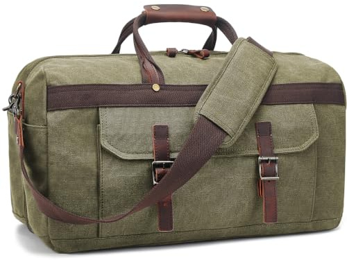 Reisetasche für Herren, wasserdicht, echtes Leder, Leinen, Reisetasche, Reisetasche, für Damen, Übernachtung, Wochenendtasche für Reisen, 5-Army Green, L, Klassische Wochenendtasche
