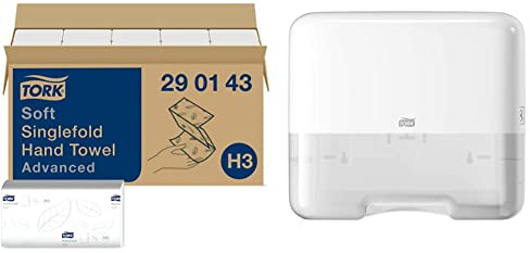 Tork weiche Zickzack Papierhandtücher Advanced 290143 - H3 Falthandtücher, 2-lagig, weiß & Mini Spender für Zickzack und Lagenfalz Papierhandtücher 553100, Kompakter H3 Handtuchspender, weiß