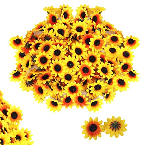 TFSYLISA 100 Stück Künstliche Sonnenblumen Köpfe,Kunstblumen Seide Sonnenblume, Blumenköpfe Gefälschte Blumenköpfe Deko Für Zuhause Party Dekoration Props Gelb