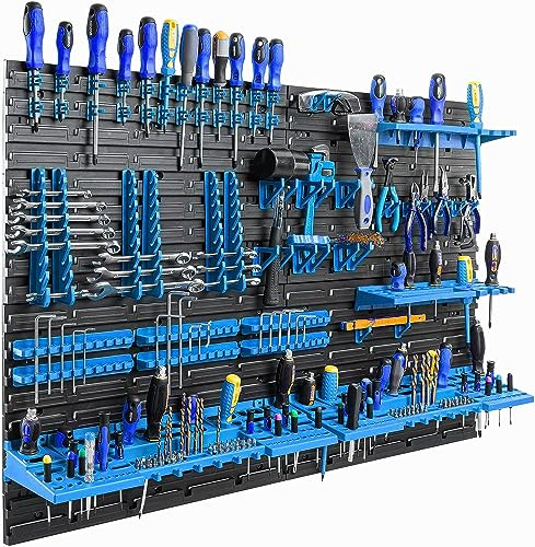 botle Estantería de pared con sistema de almacenamiento de herramientas 115,8 x 78 cm, portaherramientas de plástico azul, para garaje, taller, paredes