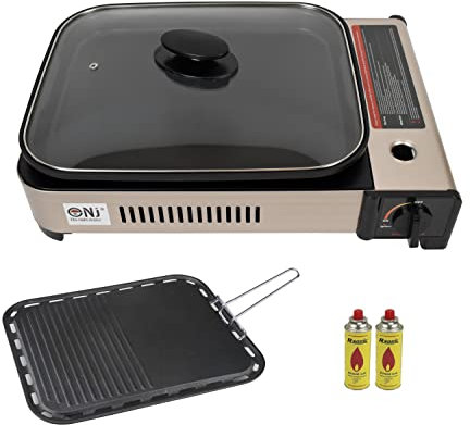 NJ Camping Gas BBQ Grill Plate Non-stick Deep Dish Pan Butane Stove Portable Cooker Glass LID (Gas Grill + 2 Canisters)