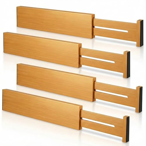 FJO Verstellbare Bambus-Schubladenteiler (20,3 cm – 30,5 cm) – erweiterbare Schubladen-Organisation-Trennwände für Küche, Kleidung, Schlafzimmer, 4er-Pack, (30 cm, natürlich)