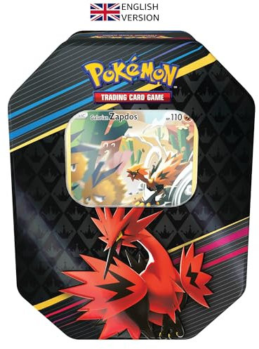 Pokémon-Sammelkartenspiel: Tin-Box Zenit der Könige – Galar-Zapdos (1 holografische Karte & 4 Boosterpacks) Englischsprachige Version