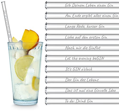 HALM Glasstrohhalme Gin Sprüche Edition XL Party-Pack 20 Stück 23 cm lang mit gravierten Gin-Sprüchen Strohhalm Trinkhalm Glasstrohalm Gin-Tonic Geschenkset