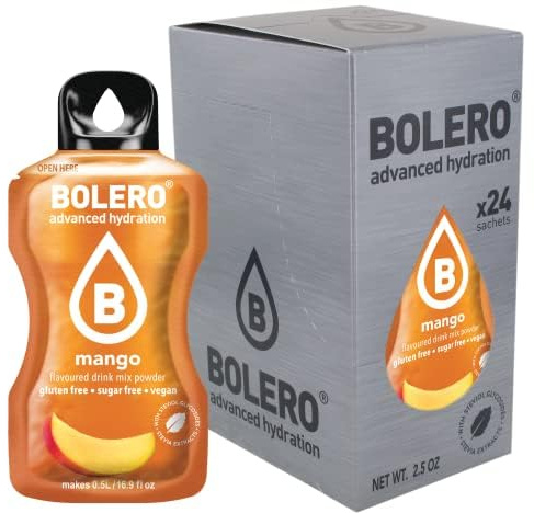 Boléro MANGO 24x3g | Jus en poudre sans sucre, édulcoré à la stévia + vitamine C | pour enfants et sportifs | sans gluten, végétalien | saveur de mangue
