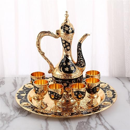 HJDSUDU Set da tè Arabo, Set da caffè Turco Vintage con Vassoio per teiera e 6 Tazze Decorazioni Artigianali Set di Flagon Set di Tazze turche Teiera Turca,Nero