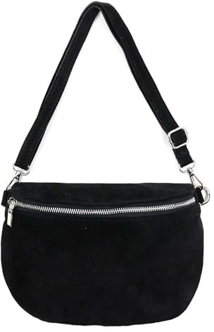 Made in Italy Damen Leder Tasche Gürteltasche Crossbody Hüfttasche Bauchtasche Umhängetasche Wildleder Brusttasche Crossover Bodybag Schultertasche Handytasche Geldtasche Schwarz M (Wildleder)