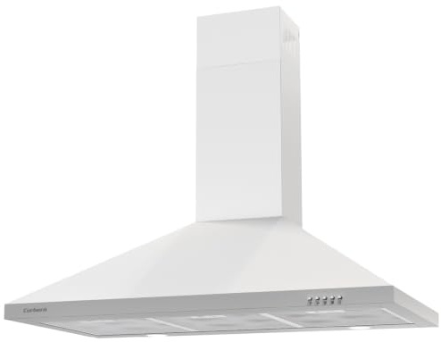 Corberó KURAMATHI960W Dekorative Dunstabzugshaube, Pyramide, Weiß, 90 cm, Durchflussmenge 621,71 m³/h, 165 W, 3 Geschwindigkeiten, 2 x Aluminiumfilter, Kohlefilter, Energieeffizienz A