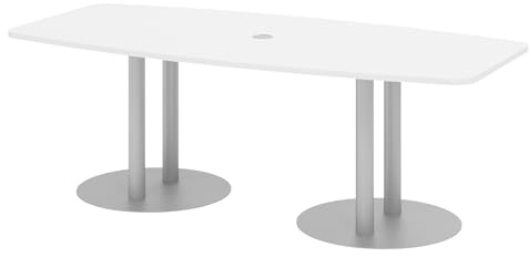 bümö Konferenztisch oval 220x103 cm großer Besprechungstisch in weiß, Besprechungstisch mit Säulen in Silber, Meetingtisch für 8 Personen, XL-Tisch für Besprechungsraum & Meeting