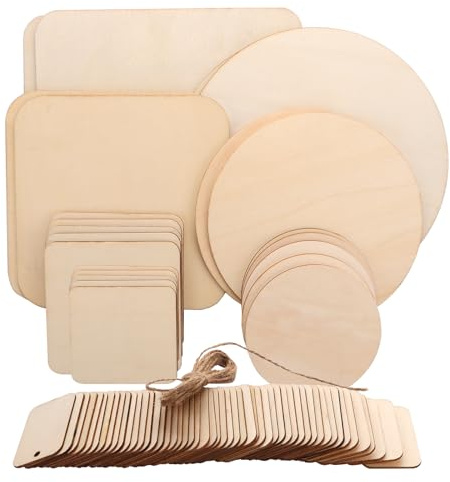 AHAQU 115 Stück unlackierte Holzkreise und quadratisch, 8 Größen, natürliche Brandmalerei-Holzstücke mit Bindfaden, blanko Holzausschnitte, Scheiben für Bastelarbeiten, Kunst, Dekorationen, Malerei,