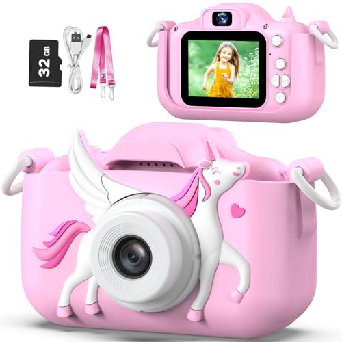 Goopow Kids Selfie Camera Toys for Girls Age 3-9, Digital Video Camera Toy with Protective Cover,Christmas Birthday Festival Gifts for 3-9 Year Old Girls Boys- 32GB SD Card Included