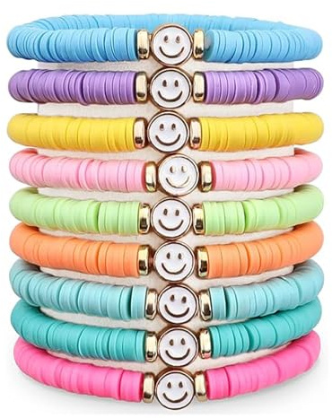 Hebterrka Pulseras de la amistad para mujer, Heishi Surfistas coloridas sonrisas de ojo malvado cuentas de arcilla pulseras elásticas capas elásticas Y2K Set de estética, multicolor, L