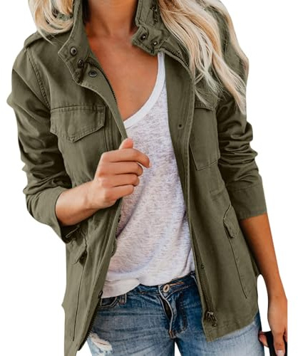 Övergångsjacka Dam Lätt Vårjacka Dam Tunn Höst Utomhus Fritidsjacka Sexig Sweat Jacka Dragkedjor Dam Långärmad med Fickor Knappstängning Fritidsjackor(Green,M)