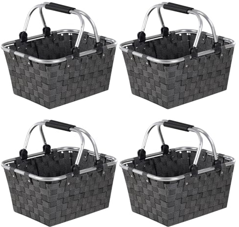 Home4You Einkaufskörbe 4er Set mit Griffen - 40 x 19,5 x 30 cm - Schwarz - Kunststoff - Einkaufstasche Tragekorb Flechtkorb