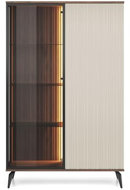 BETTSO - Vitrinenschrank Wohnzimmer - Glasvitrine, Highboard - 103x39x162cm - Stilvoller Wohnzimmer Schrank mit Licht - Elegante Rillen, hohe Beine - Push to Open System - Holzoptik und Beige