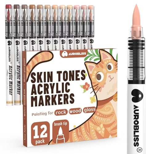 Aurobliss Acrylstifte Wasserfest Haut Pinselspitze 12 Stück Acryl Filzstifte for leinwand, Plastik, Steine, Holz, Plastik, Glas, Papier