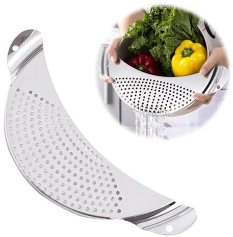 IUSOT Colador de pasta de acero inoxidable – Olla colador para ollas de hasta 33 cm de diámetro, colador plano, ayuda funcional para colador, para pasta, verduras, frutas