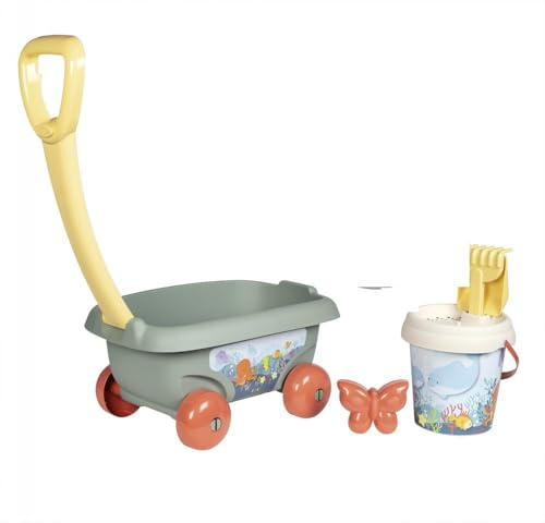 Smoby Life - Chariot de Plage Garni - Chariot à roulettes - Seau, Tamis, Pelle, Râteau, Moule à Sable - Matière Recyclée - A Partir de 18 Mois - Fabrication Française