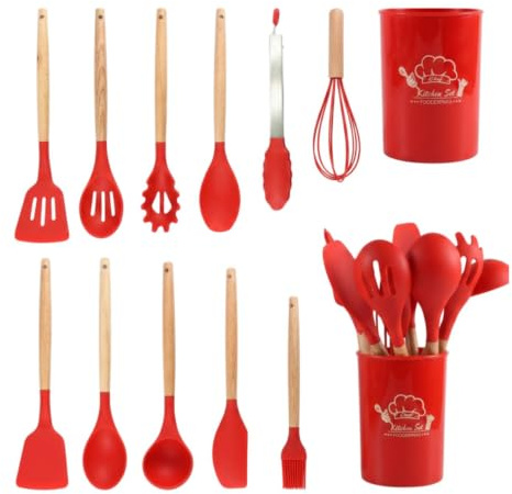 Set di 12 utensili da cucina in silicone con manico in legno, kit da cucina completo di stoviglie, resistenti e durevoli (rosso)