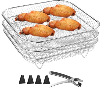 3-stöckiger stapelbarer Grillkorb, leicht zu reinigen und platzsparender Ständer, Mehrzweck-Luftfritteusen-Zubehör, kompatibel mit Dampfgarer & Backofen für gesundes Kochen, Edelstahl