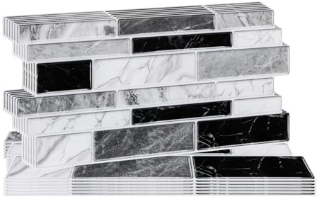 Hode 50 Pieces Marble Self Adhesive Wall Tile Stickers for Bathroom, Black and White Stick on Tiles for Kitchen Walls, Tiles Self Adhesive Peel and Stick 12cmx24cm (Glossy)