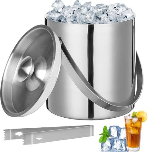3L Stainless Steel Insulated Ice Bucket with Removable Lid AndIce & Tongs, Double Walled Round Insulation Champagne Buckets, Portable Wine Container for Home Bars, Pubs, Clubs, Restaurants,BBQ,Parties