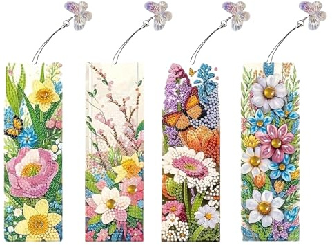 Calkkrer 4 Stück Diamond Painting Lesezeichen Set Mit 4 Blumen Designs, Kreative Handgefertigte Bastelset Mit Acryl, Blumenmuster Und Feder Lesezeichen