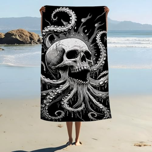 ZABAOBO Totenkopf-Oktopus-Strandtuch, cooles Gothic-Totenkopf-Mikrofaser-Badetuch, Geschenke für Damen, Erwachsene, Jungen, Männer, lustige Strandtücher für Surfen, Sport, Schwimmbad, 80 x 160 cm