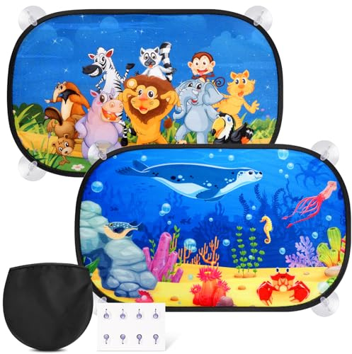 Lot de 2 protections solaires pour voiture - Protection UV - 51 x 31 cm - Protection solaire pour enfants - 8 ventouses et jolis motifs d'animaux