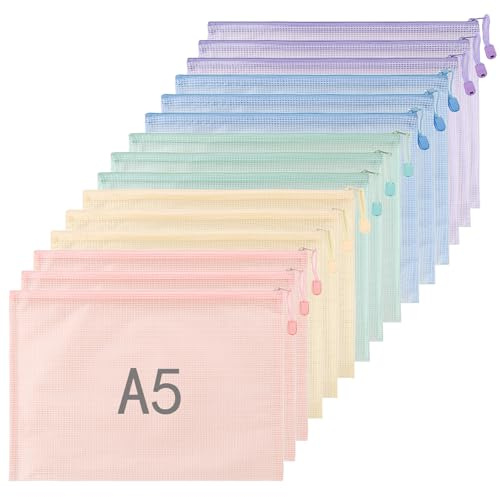 Euleryoo 15 Pezzi Borse di File, A5 Sacchetto di Zip Impermeabile, 5 Colori di Macaron Mesh Sacchetto del Documento con Cerniera per Documenti, Ricevute, Materiale Scolastico, Accessori da Viaggio