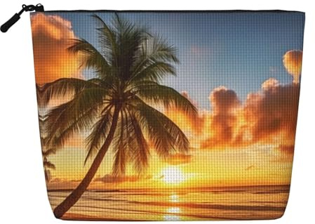 JEKYDOSD Sunset Hawaiian Palm Tree Print Fake Hemp Makeup Bag Waterproof Imitation Hemp Bag For Daily Life, Travel, And More