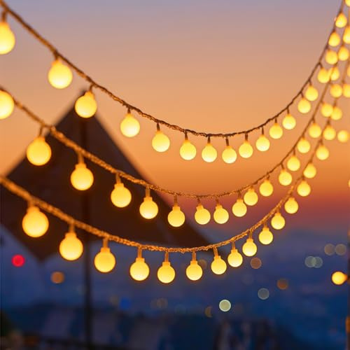 10m100LED Globe Led Lichterkette,Led Lichterkette Kugel mit 5 Haken,IP55 Wasserdicht,Batteriebetrieben,Warmweiß,Ideal für Zimmer,Balkon,Garten,Hochzeit,Party,Weihnachten Deko