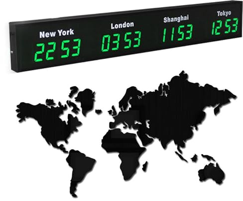 Reloj Mundial Digital LED Grande, Reloj Mundial multizona horaria 3/4/5 con Ciudades Personalizables, Pantalla HD, Relojes electrónicos de Pared para Interiores(Green,4)