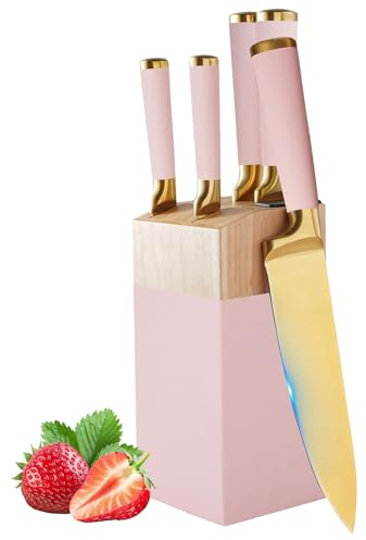 Pink Kitchen Knife Set, 6-Piece Sharp Kitchen Knives Set Block and Sharpener, Gold-Plated Stainless Steel Chef Knife for Chopping, Slicing, Dicing Cutting (Pink)