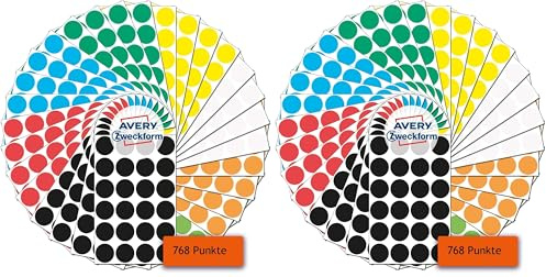 AVERY Zweckform 59998 selbstklebende Markierungspunkte 768 Stück (Ø18mm, 8 Farben mit je 96 Klebepunkten auf 4 Bogen, Farbcodierung, runde Aufkleber für Kalender, Planer und zum Basteln, Papier)