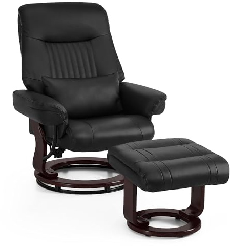 M MCombo Relaxsessel mit Liegefunktion, Lesesessel, 360° Drehbarer Fernsehsessel mit Hocker, mit Kissen & Seitentasche, bis 120 Kg Belastbarer TV-Sessel für Wohnzimmer, 9035 (Schwarz)