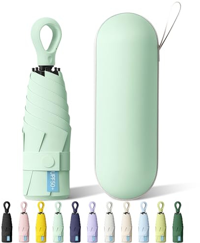 FWHFNB Taschenschirm, 6 Rippen Mini Regenschirm,UV-Regenschirm, Taschenschirme Mit Ringgriff und Kapselhülle, für Männer und Frauen (Fruchtgrün)