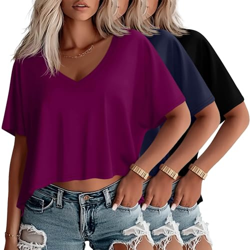 Geyoga 3 Crop Top Oversize Donna Scollo a V | T-Shirt Corte, Maglie a Maniche Corte, Top con Orlo Irregolare, Abbigliamento Traspirante, Outfit Casual, Moda Autunnale