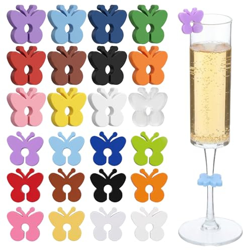 DOPENSPI 24 Stück Glasmarkierer Silikon, Bunt Glasmarker Getränke Wiederverwendbar Gläser Markieren Glas Markierung Trinkgläser für Weinglas für Cocktail Champagnerglas Mart